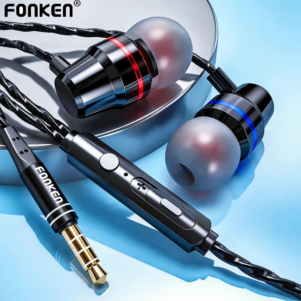 FONKEN 3.5mm Wired Earbuds – Stereo Bass, Mic & Volume Control