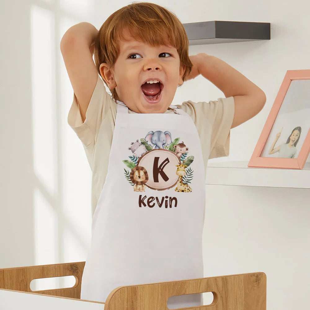 Personalized Kids Cooking Apron – Safari Animals Name & Initial