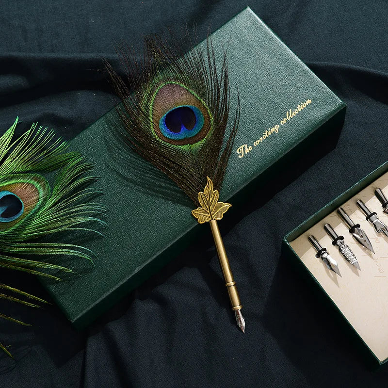 Peacock Feather Quill Dip Pen Set – Vintage Calligraphy Gift