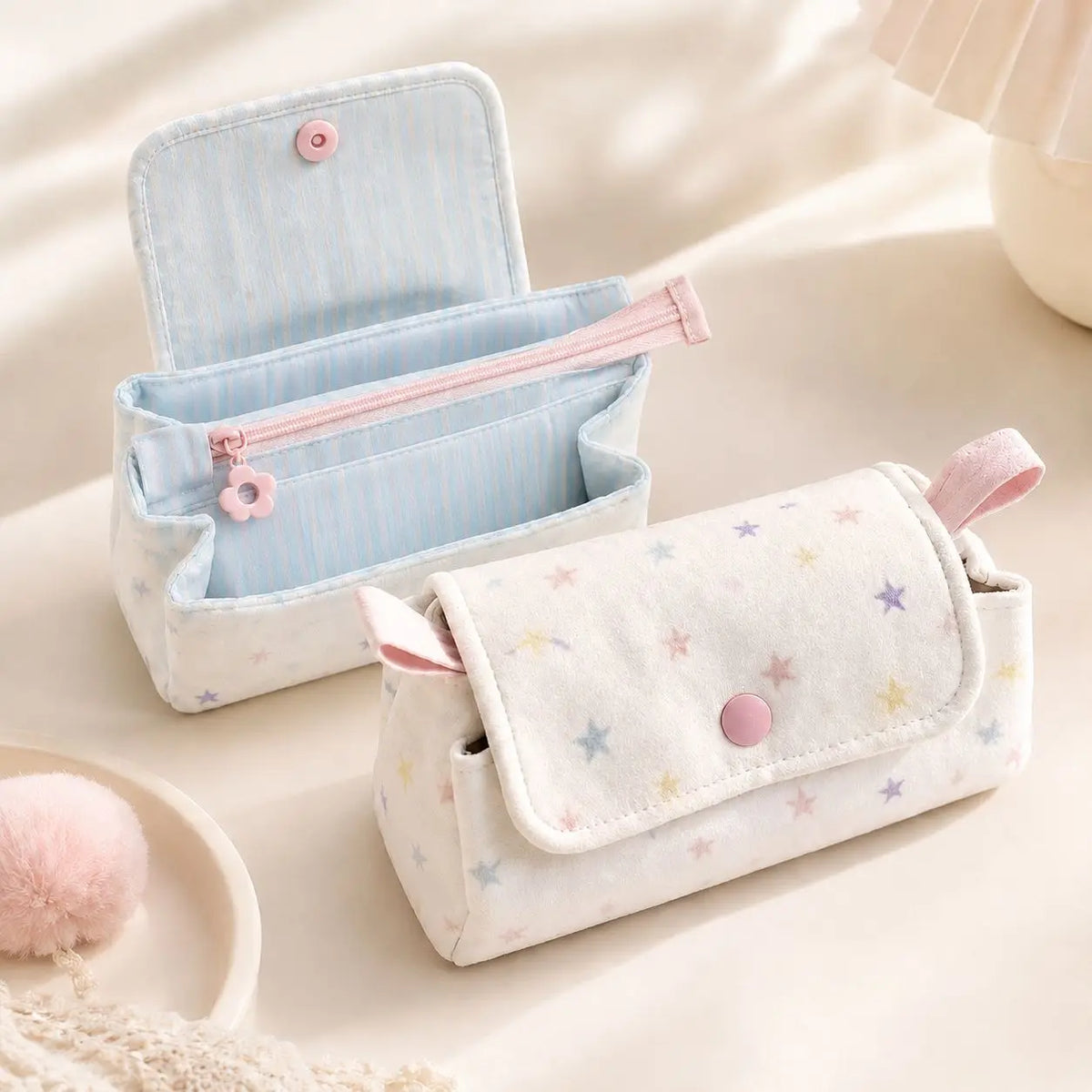 Three-Layer Cotton Pencil Case – Bear Polka Dot Student Pouch