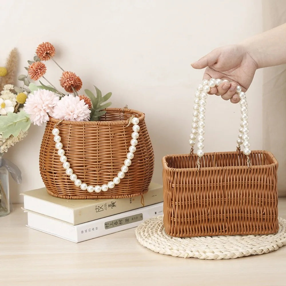 Pearl Handle Imitation Rattan Flower Basket – Wedding Décor