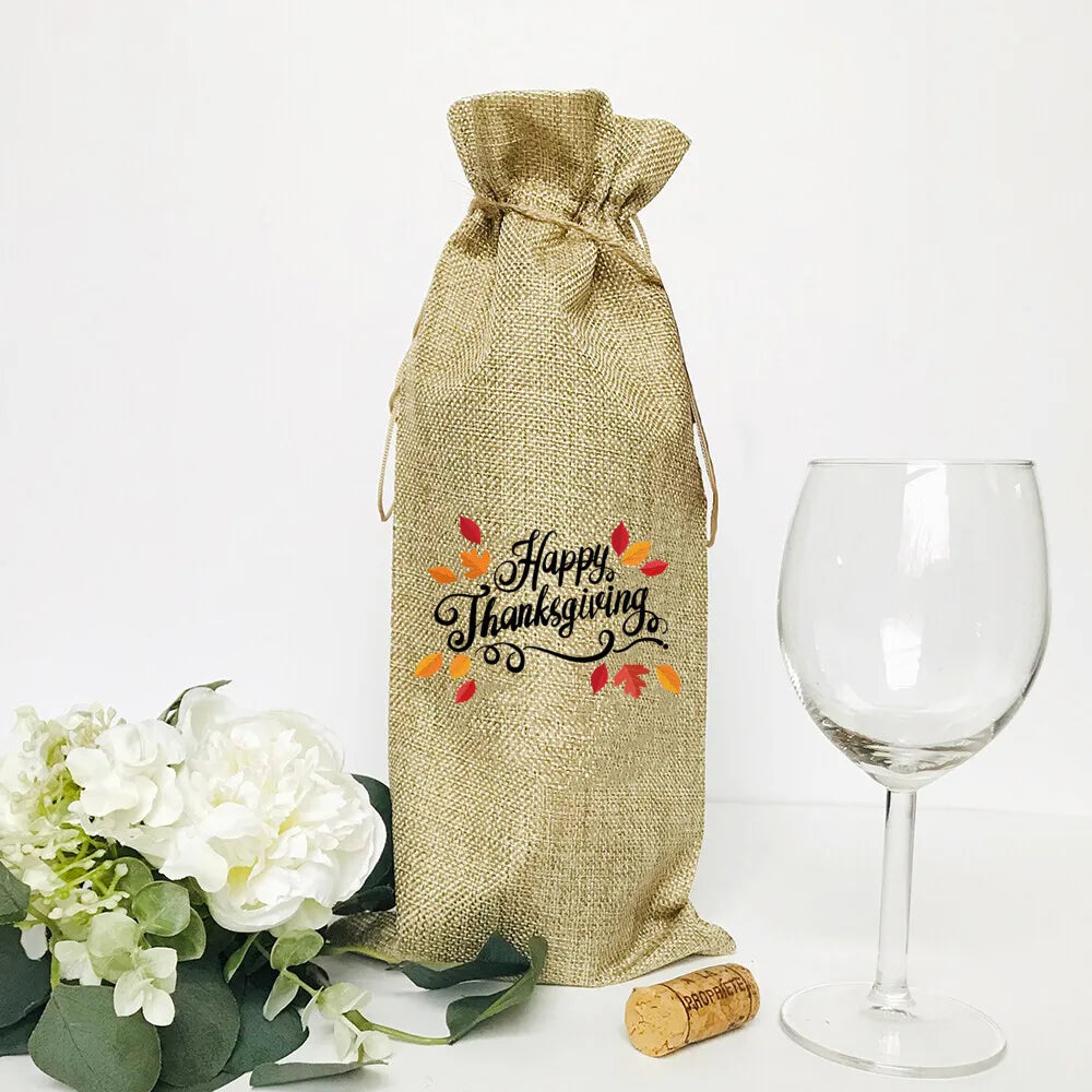 Thankful Grateful Blessed Burlap Wine Bottle Gift Bags
