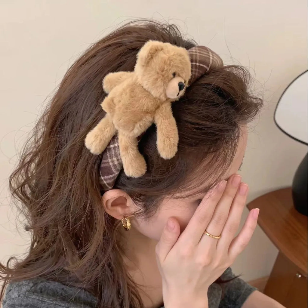 Plush Teddy Bear Plaid Headband for Women – Padded Hair Hoop