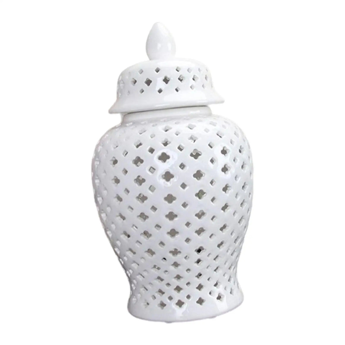 White Porcelain Ginger Jar – Pierced Lattice Ceramic Vase with Lid