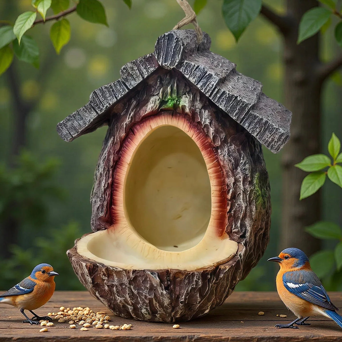 Resin Tree Stump Bird Feeder & Nest Garden Sculpture Decor