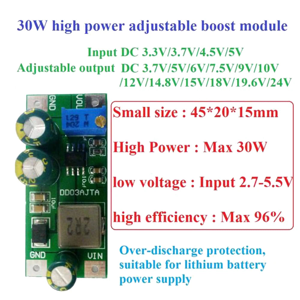 30W DC-DC Boost Converter Module 2.7–5.5V to 3.5–24V
