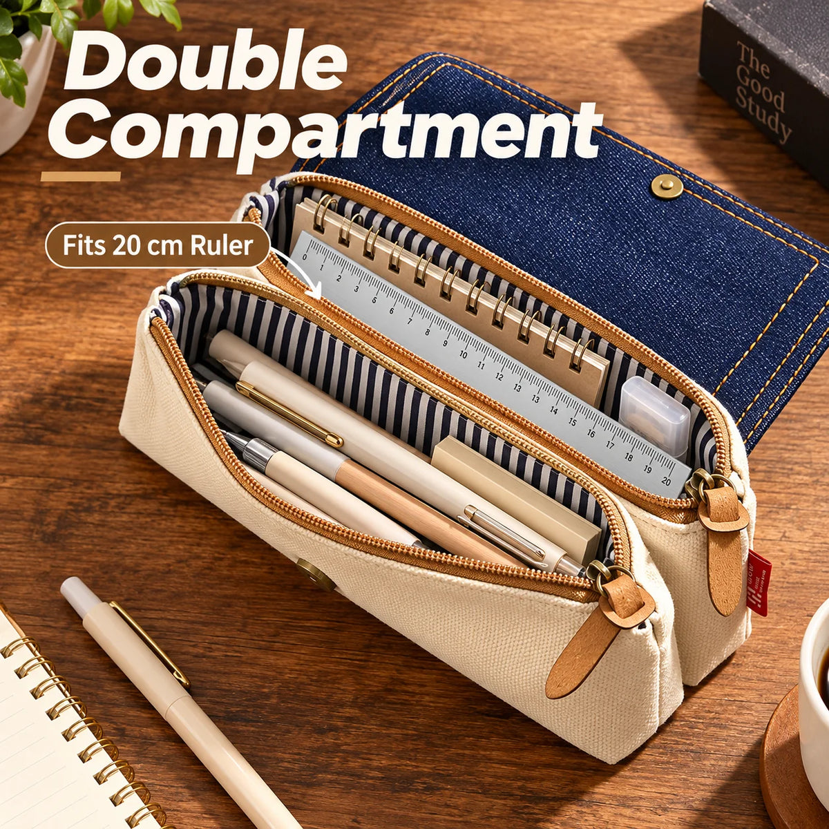 Vintage Denim Pencil Case – Large Capacity Double Layer Pouch