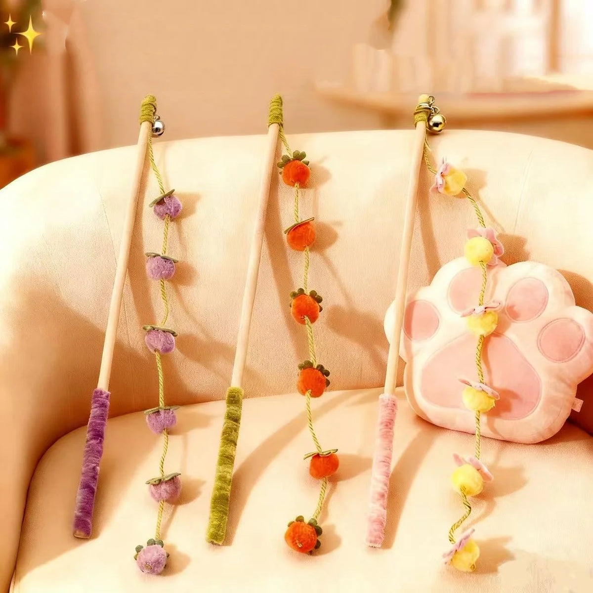 Fruit-Shaped Plush Cat Wand Toy | Wooden Handle Stick