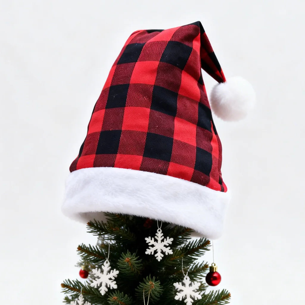 Red Black Checkered Christmas Hat – Plush Trim | Kids & Adults