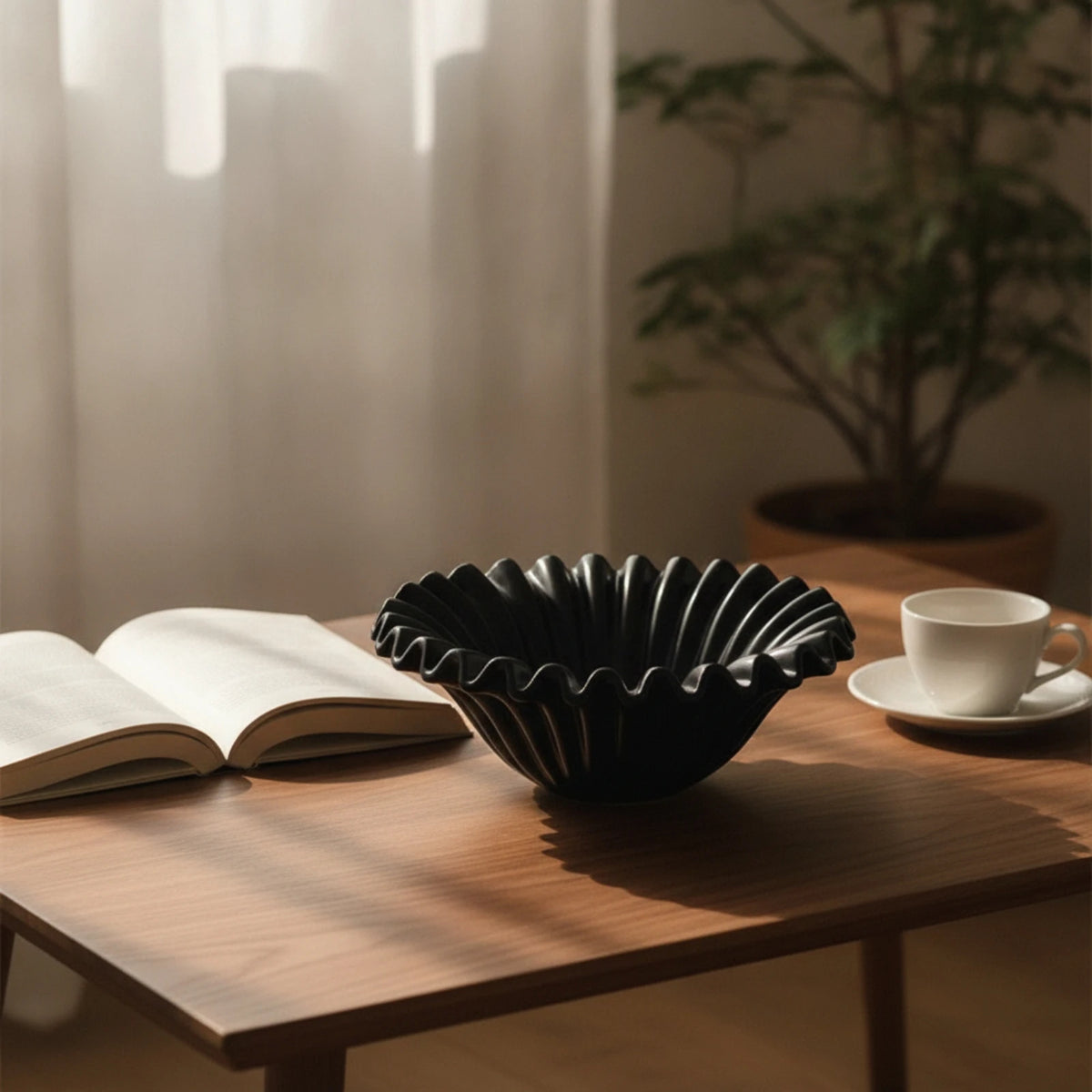 Ceramic Fluted Fruit Bowl with Wavy Rim | Elegant Centerpiece