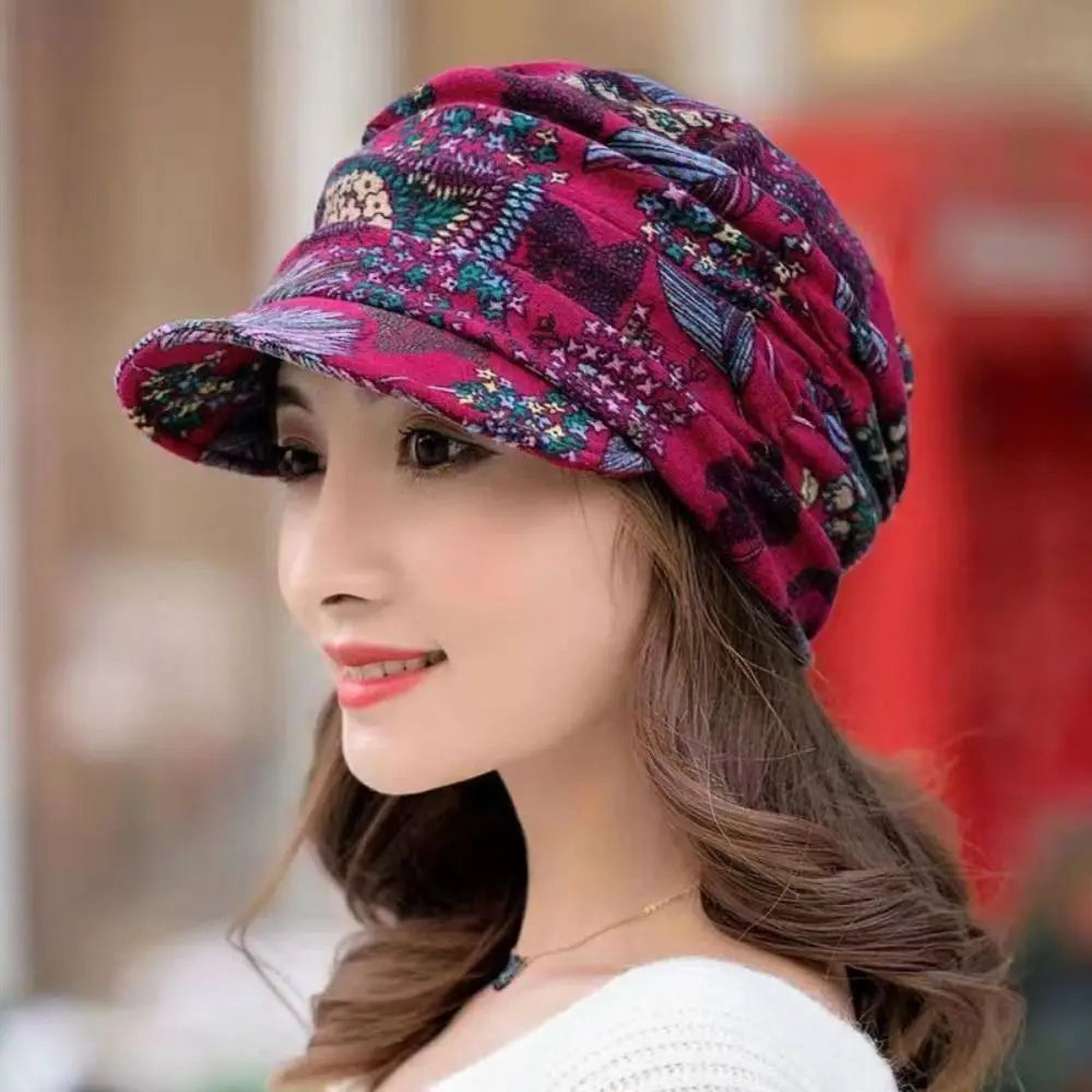 Women's Short Brim Floral Beanie Hat – Polyester Winter Cap