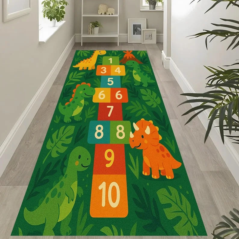 Dinosaur Hopscotch Kids Runner Rug – Non-Slip Washable Mat
