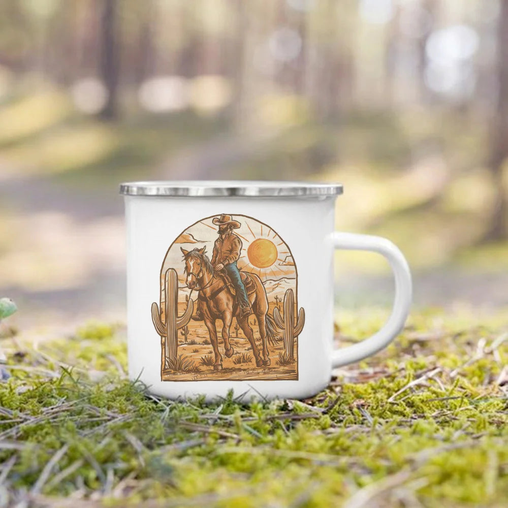 West Cowboy Camping Enamel Mug – Campfire Adventure Gift