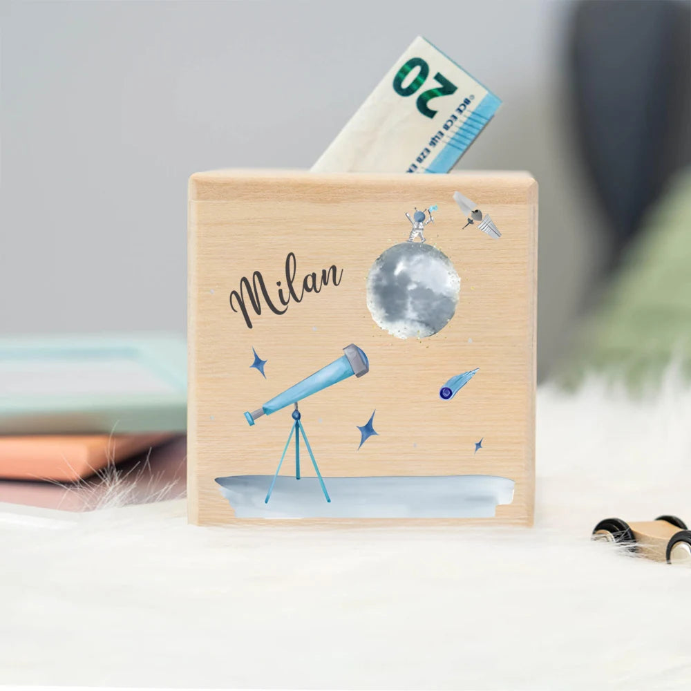 Personalized Wooden Piggy Bank – Astronaut & Ocean Theme