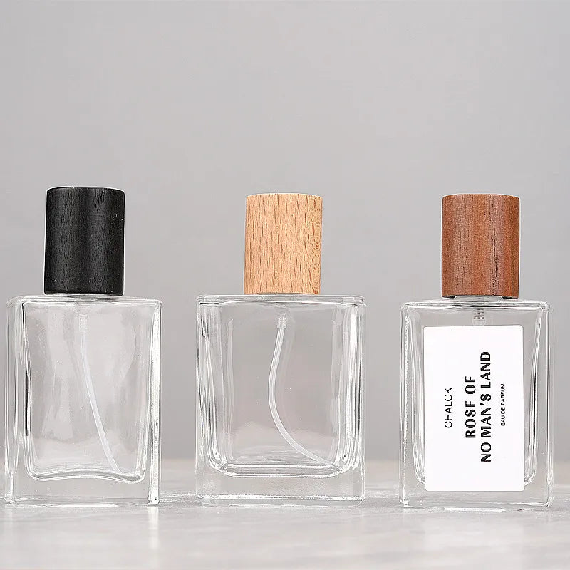 30ml Refillable Square Glass Perfume Spray Bottle Wooden Cap
