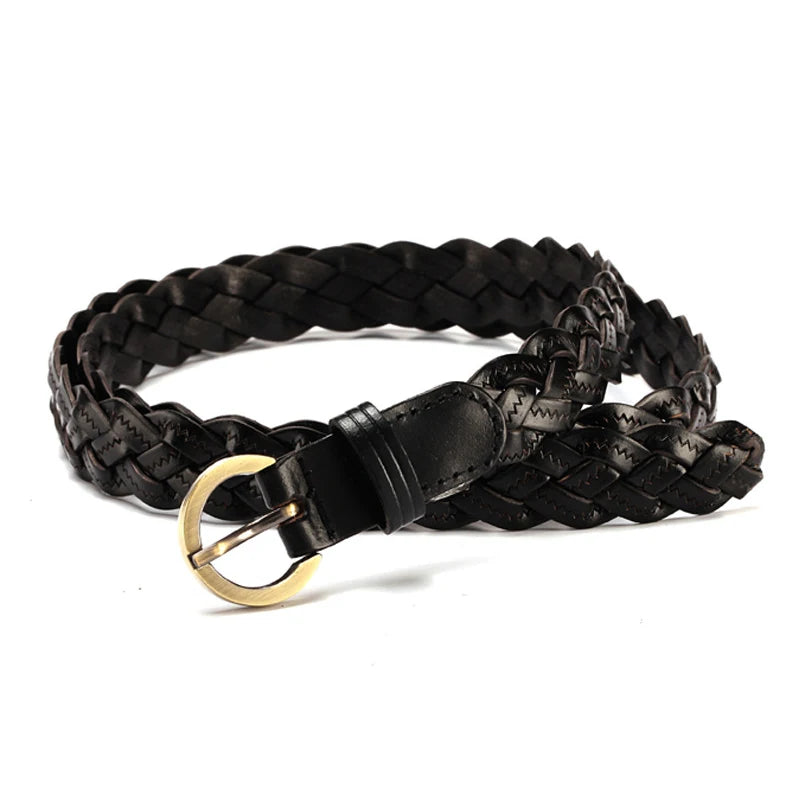 Women's Braided Faux Leather Belt – Gold Round Buckle