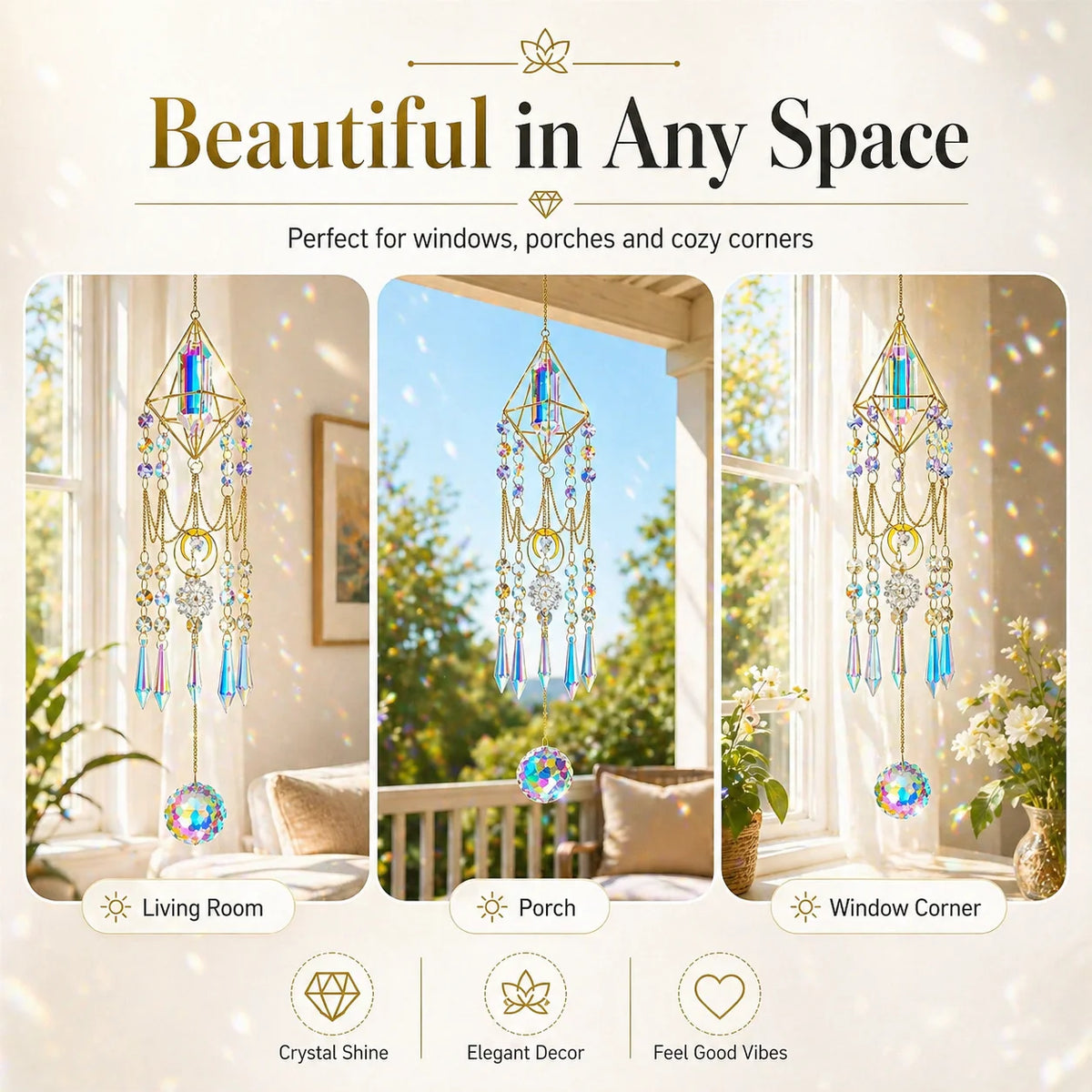 Crystal Prism Suncatcher – Gold Geometric Rainbow Window Decor