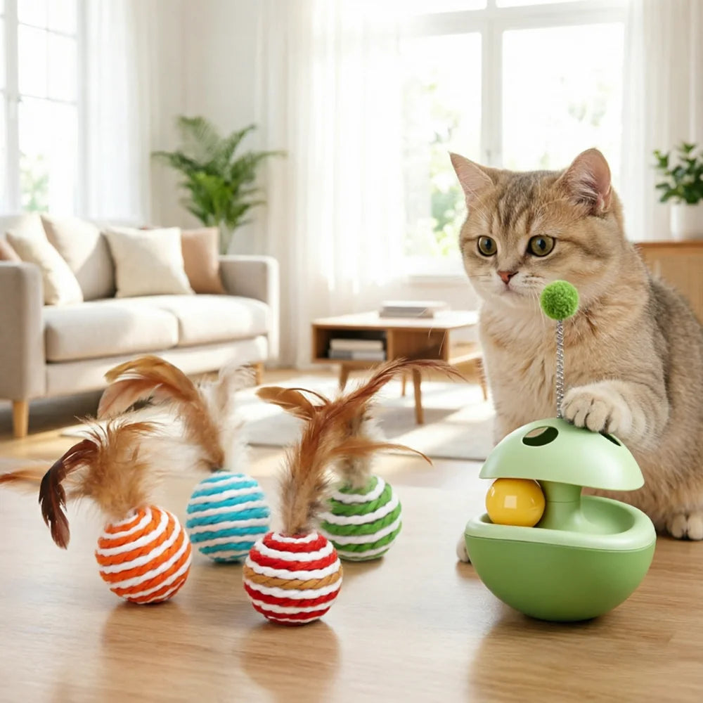 Cat Toy Combo – Mushroom Tumbler Treat Dispenser & Sisal Ball