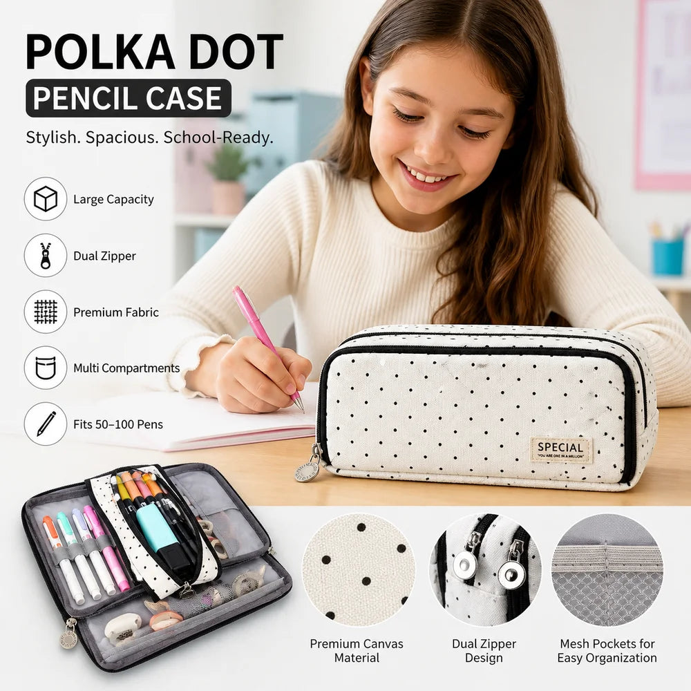 Polka Dot Pencil Case – Large Capacity Multi-Compartment Bag