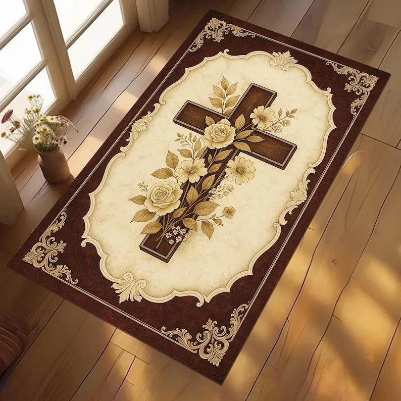 Vintage Floral Cross Prayer Rug – Non-Slip Christian Décor Mat