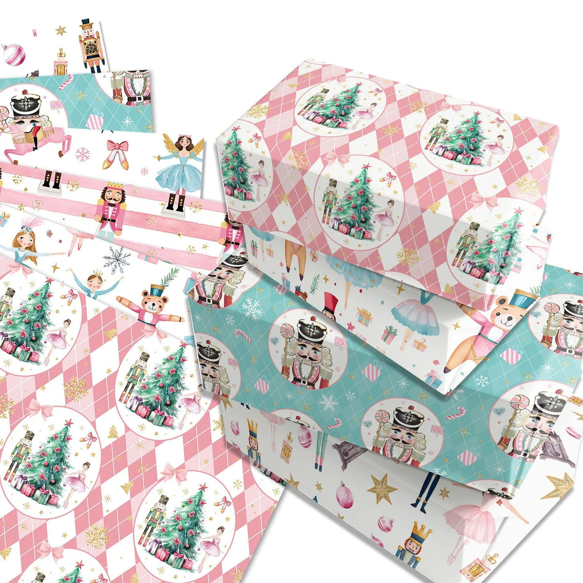 12-Sheet Pink Christmas Wrapping Paper Set | 6 Festive Designs