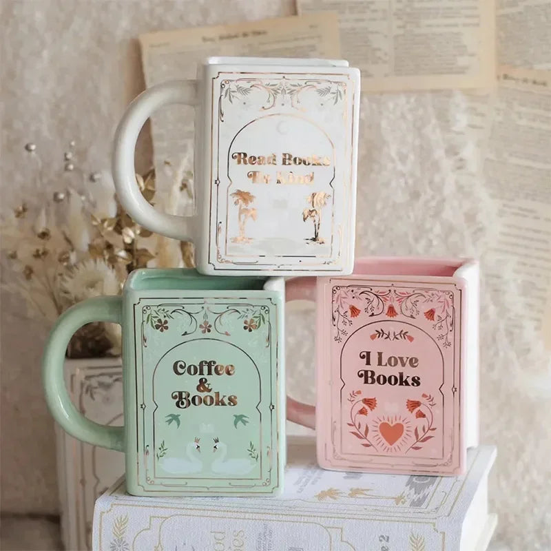 Book-Shaped Ceramic Coffee Mug – Pink, White & Green Gift
