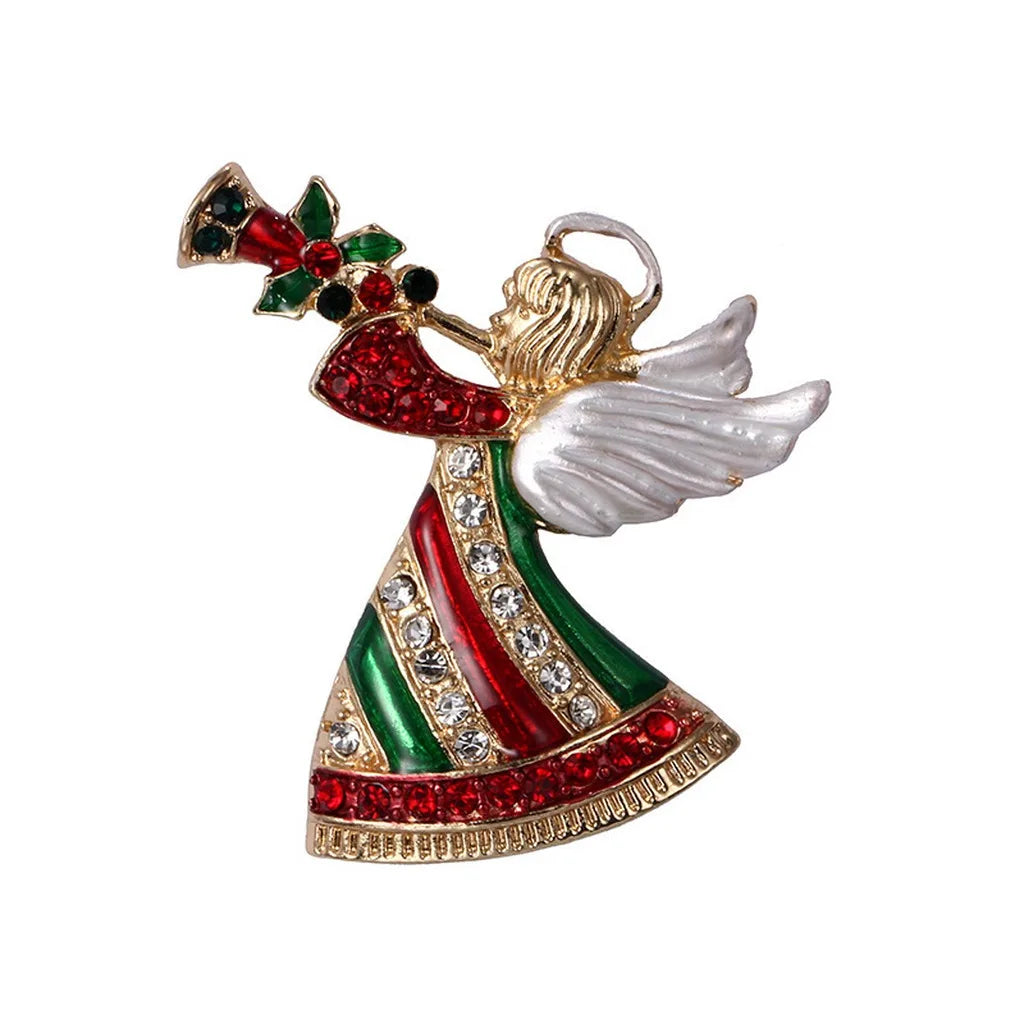 Angel Horn Rhinestone Christmas Brooch – Red & Green Holiday Pin