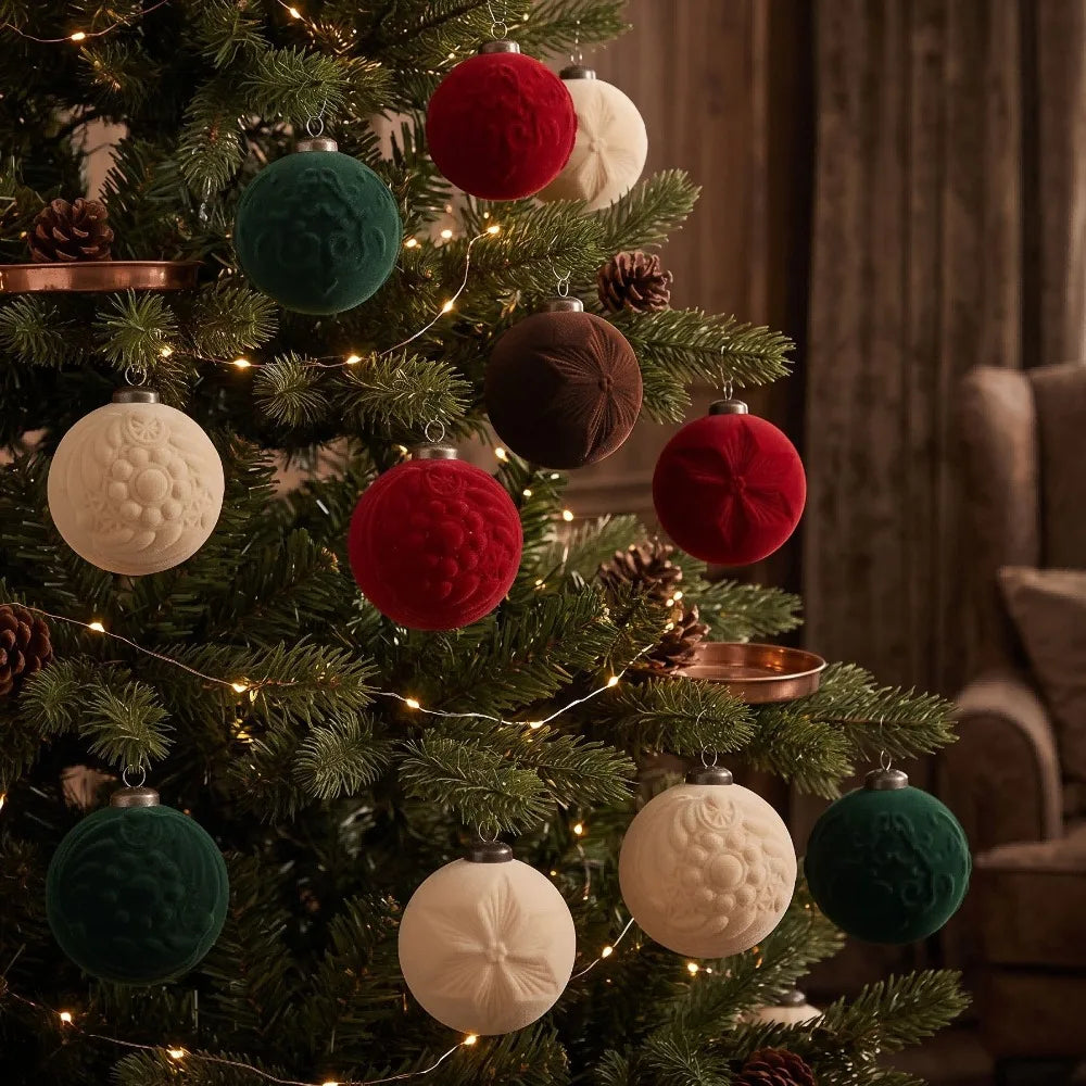 9-Piece Flocked Embossed Christmas Baubles Set – 8cm Ornaments