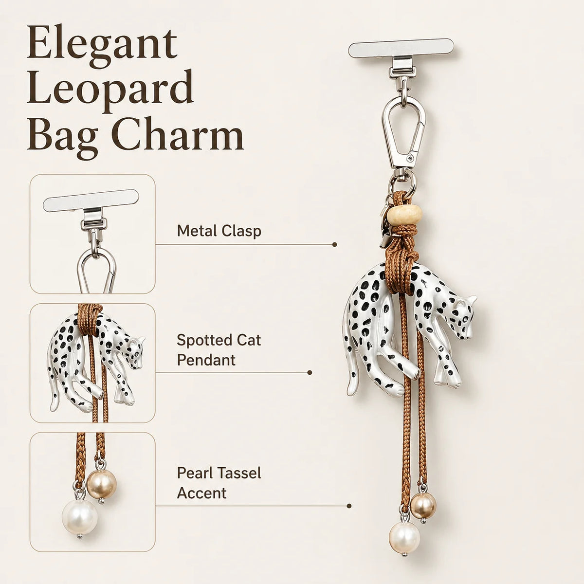 Leopard Bag Charm Keychain – Braided Pendant & Pearl Tassel