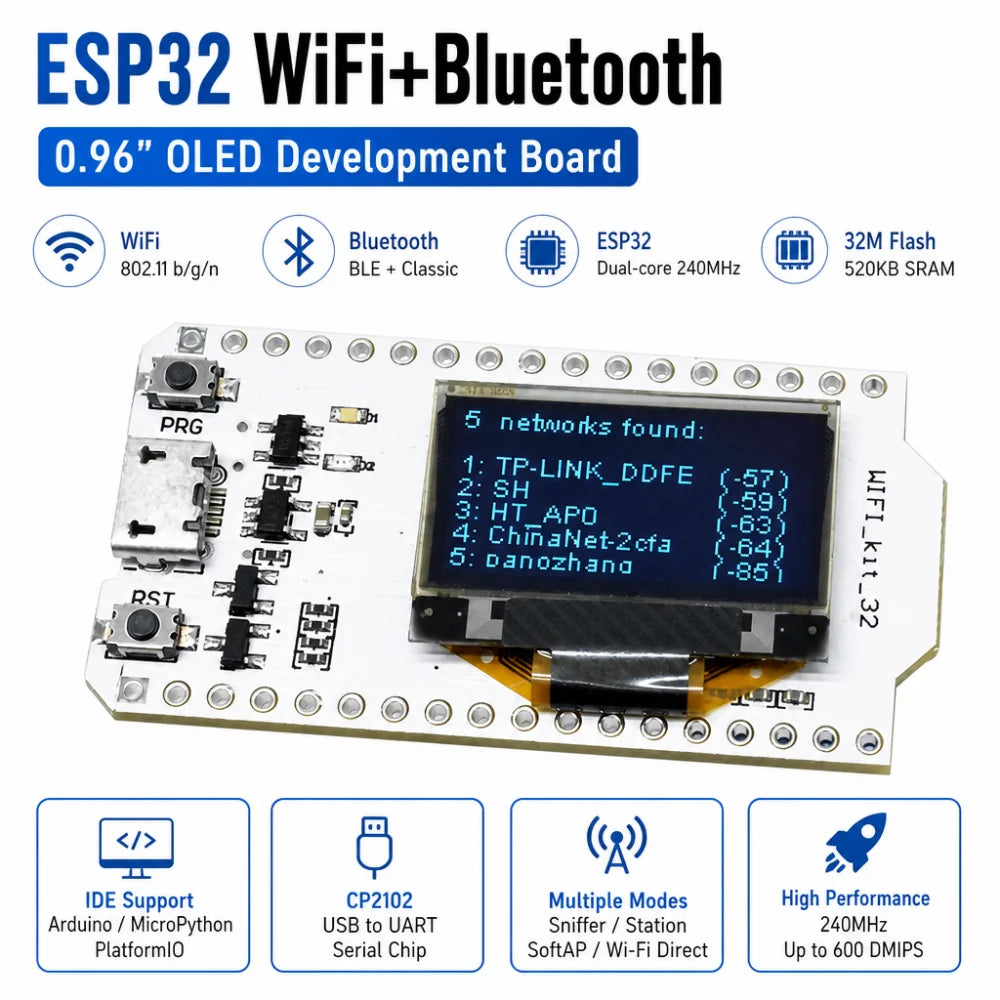 ESP32 WiFi Bluetooth Dev Board 0.96" OLED 600 DMIPS CP2102
