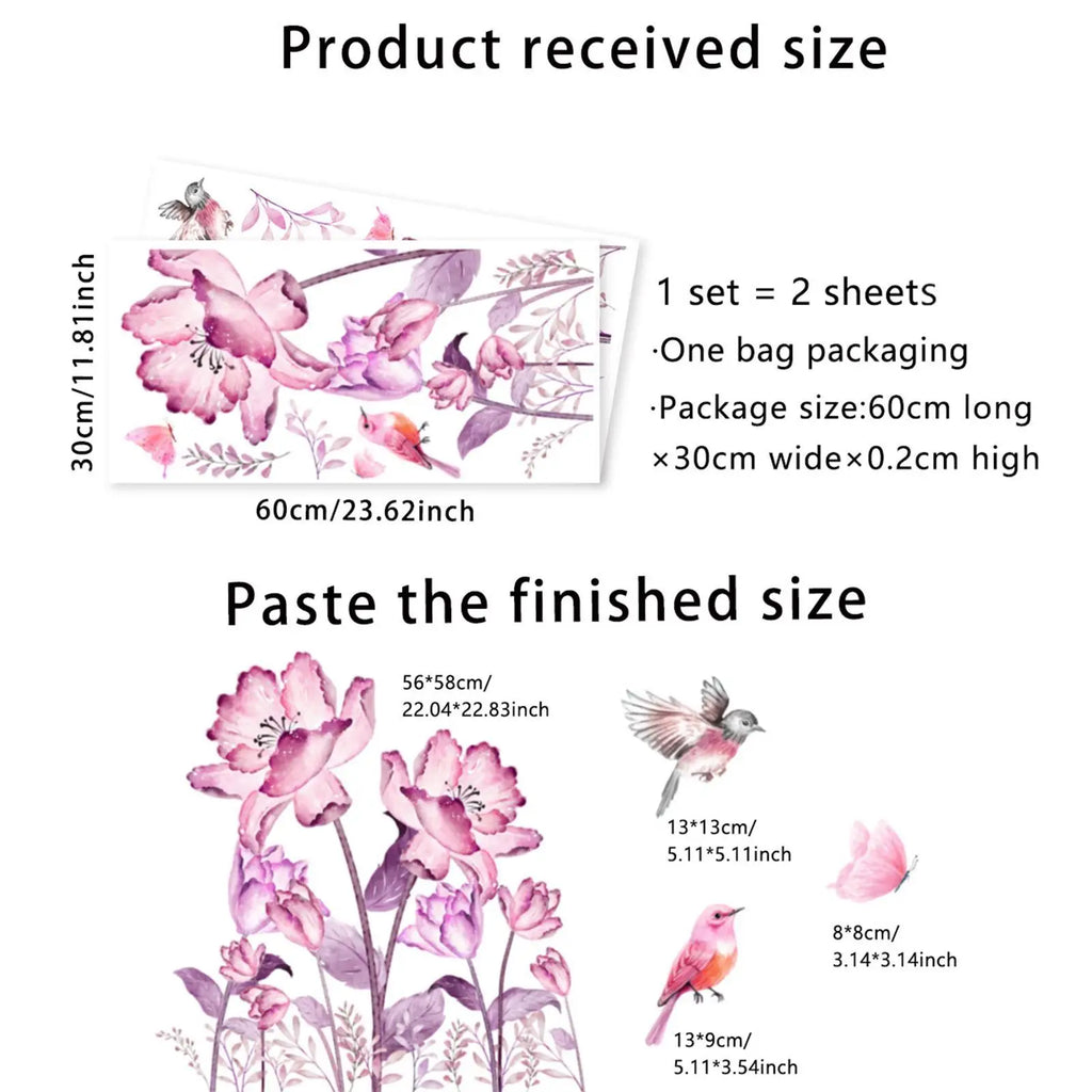 Pink Flower Bird Wall Decals – Peel & Stick PVC Stickers