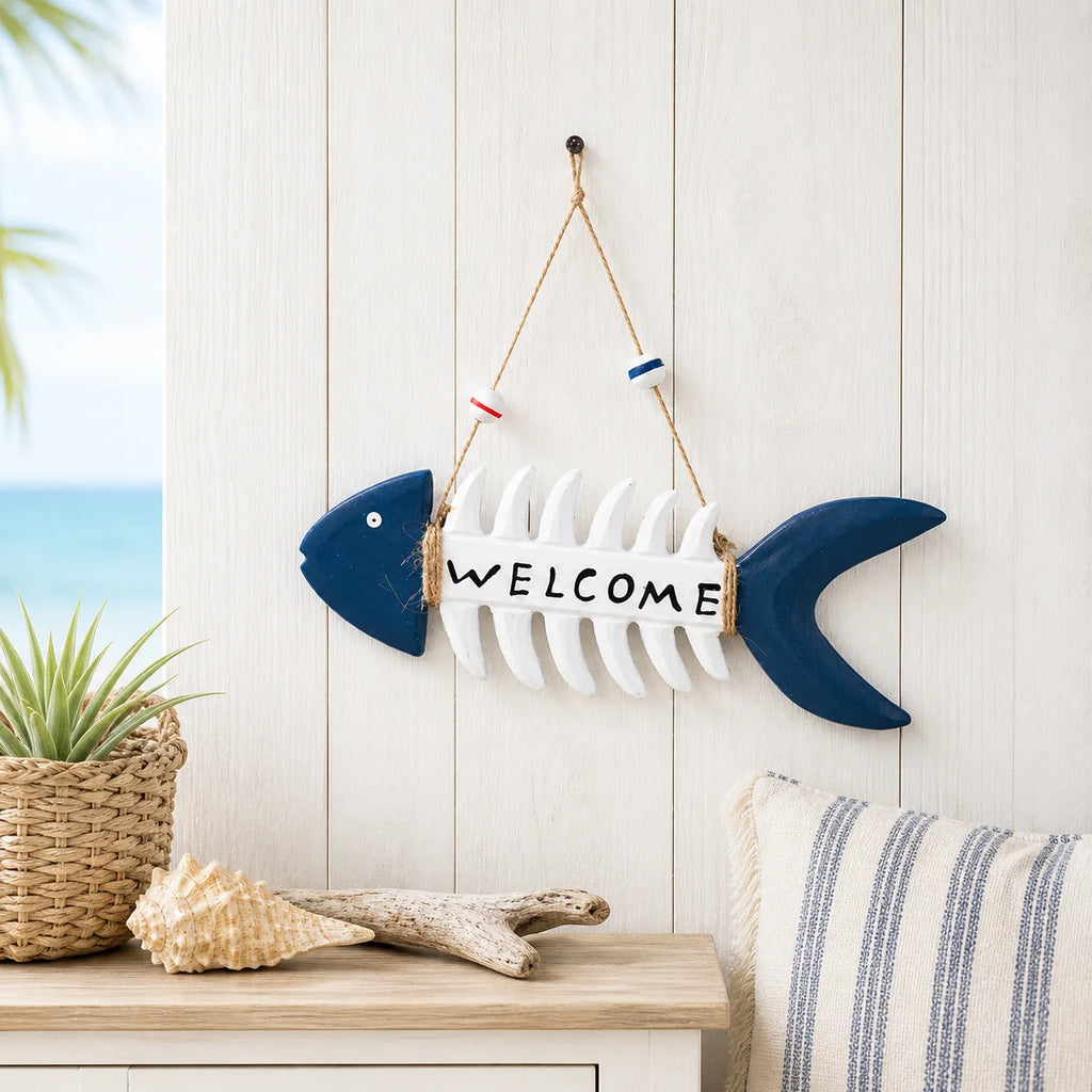 Nautical Fishbone Welcome Sign | Rustic Coastal Wall Decor