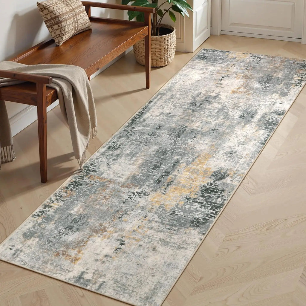 Nordic Abstract Runner Rug – Blue Gold Non-Slip Floor Mat