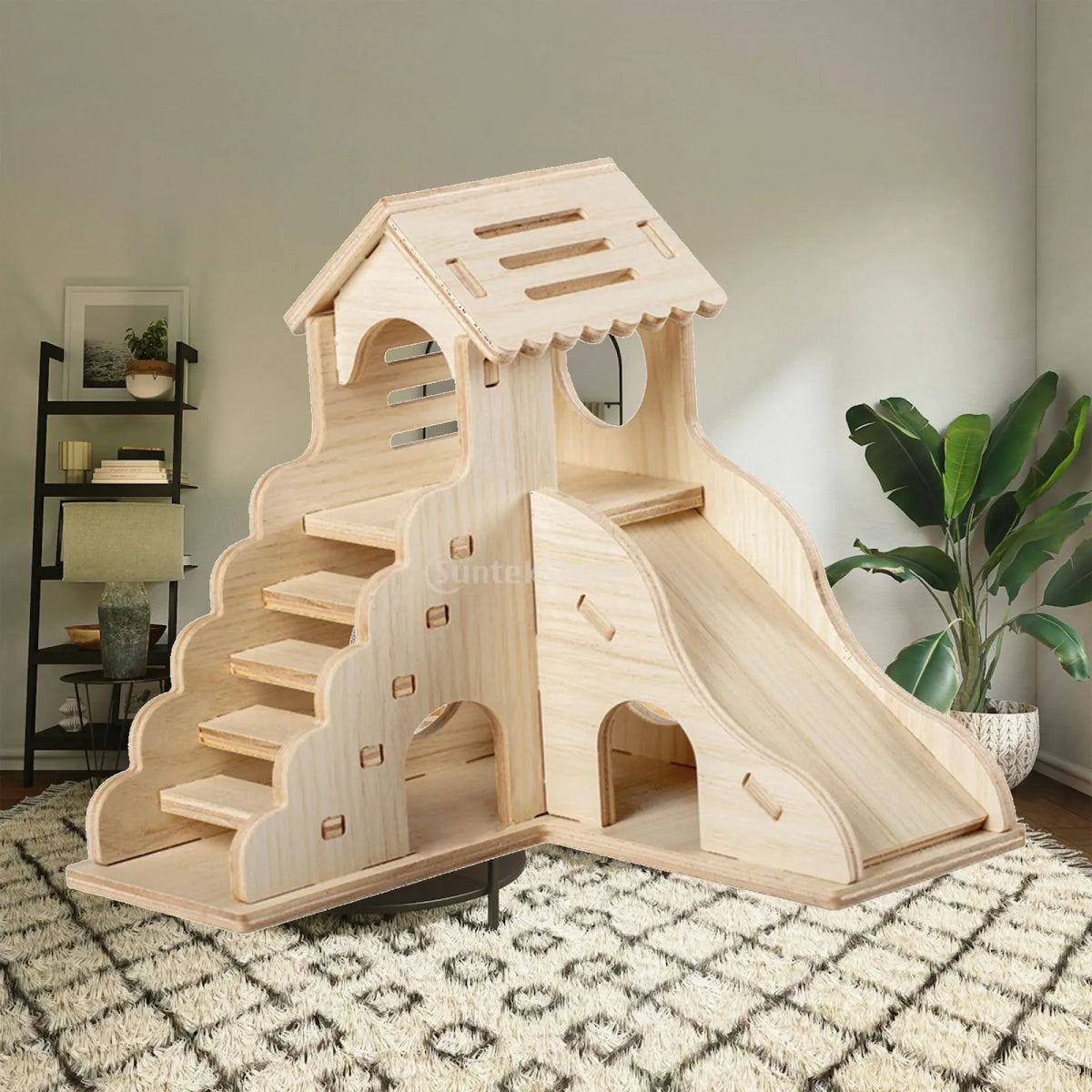 Wooden Hamster House Multi-Level Hideout Hut with Ladder