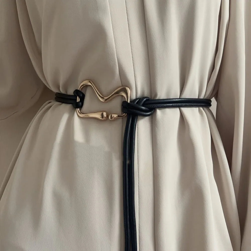 Women's Thin PU Leather Knotted Waist Belt – Golden Buckle
