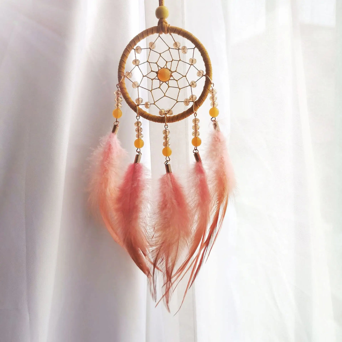 Boho Dream Catcher Ornament – Crystal Beads & Feathers Décor