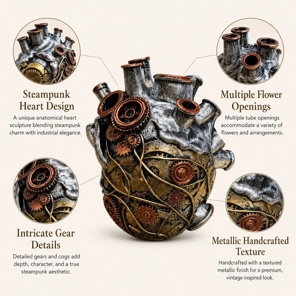 Steampunk Heart Resin Vase – Mechanical Gear Home Décor
