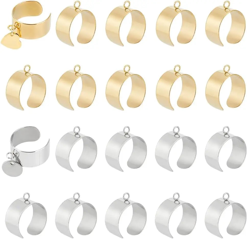 20Pcs Stainless Steel Adjustable Open Cuff Ring Bases with Loop