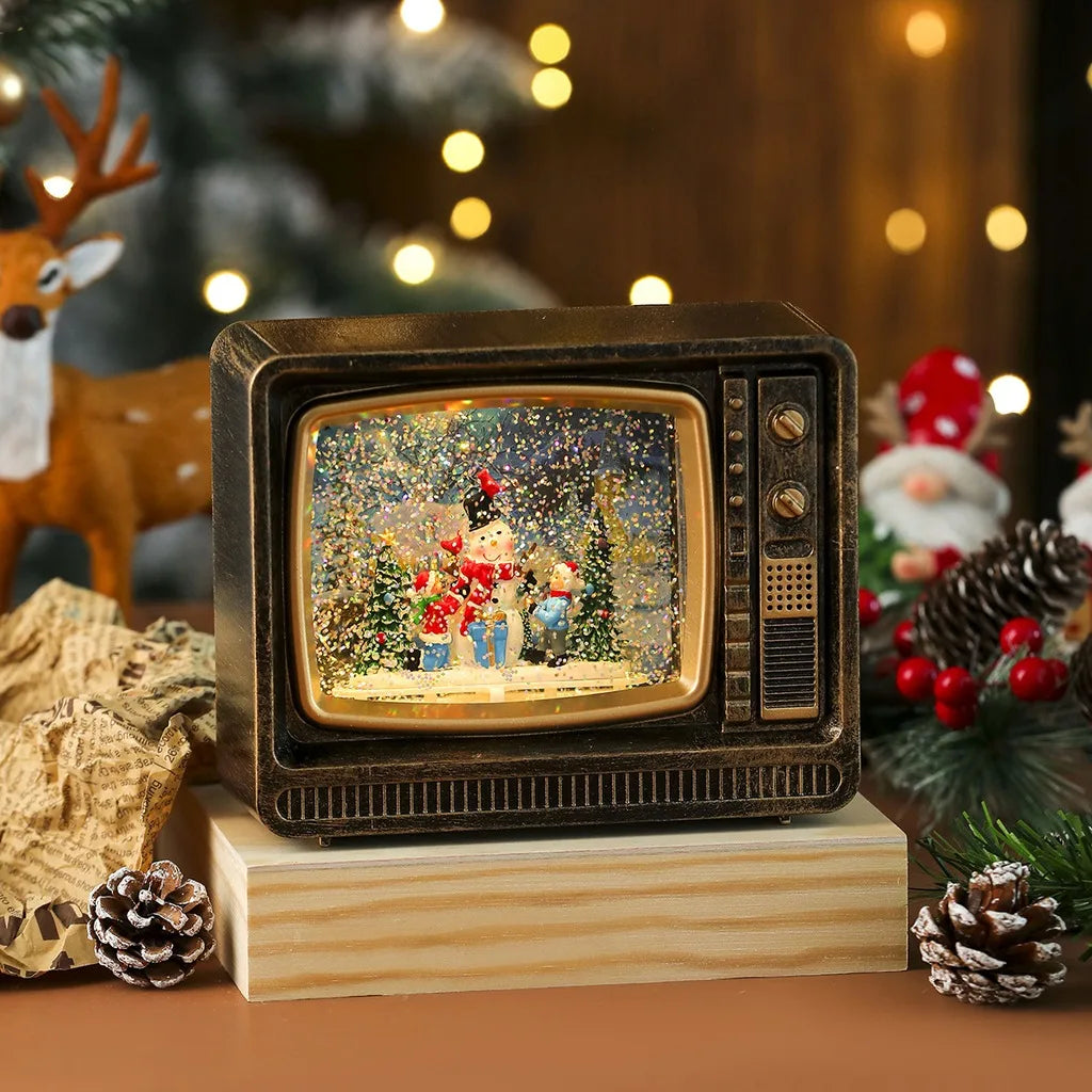 Vintage TV LED Christmas Snow Globe Music Box Ornament