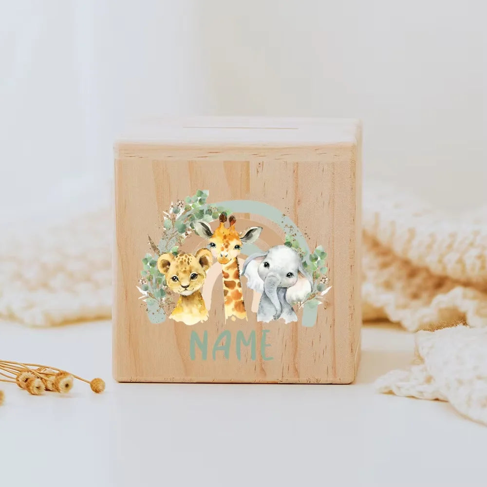 Personalized Wooden Coin Bank – Safari Animals Kids Gift