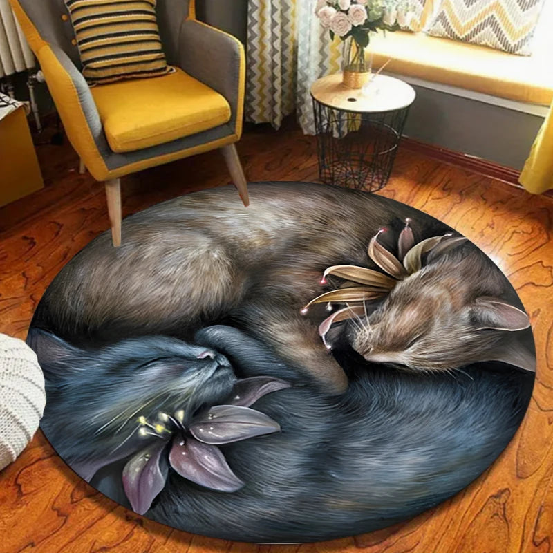Wolf Couple Round Area Rug – Green Leaf Wreath Print | Cabin Decor