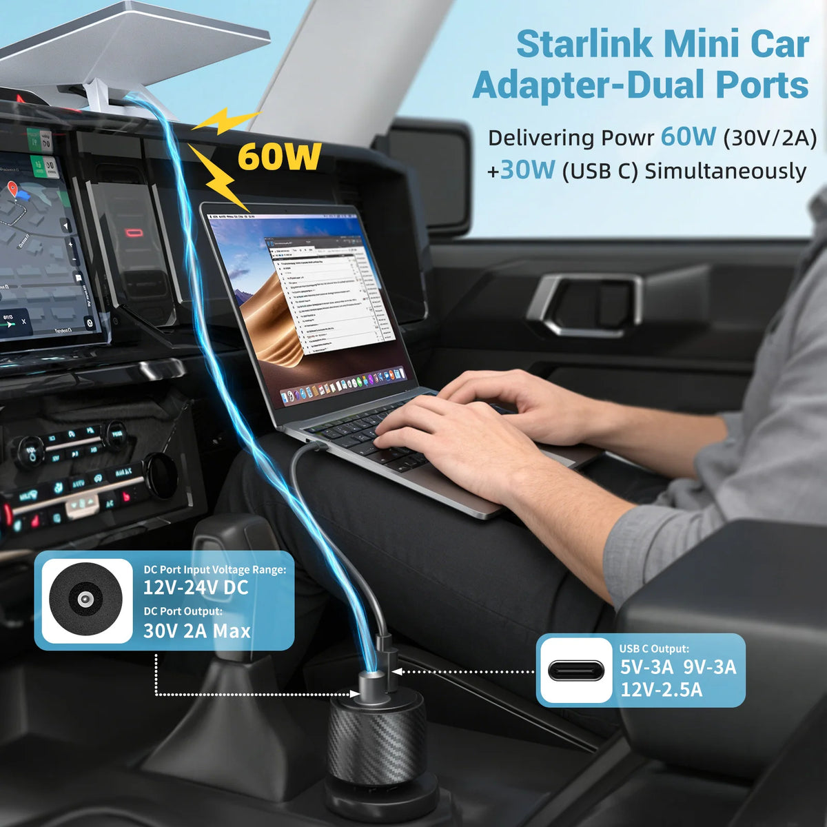 2-in-1 Car Charger for Starlink Mini – 30V DC & USB-C PD Fast