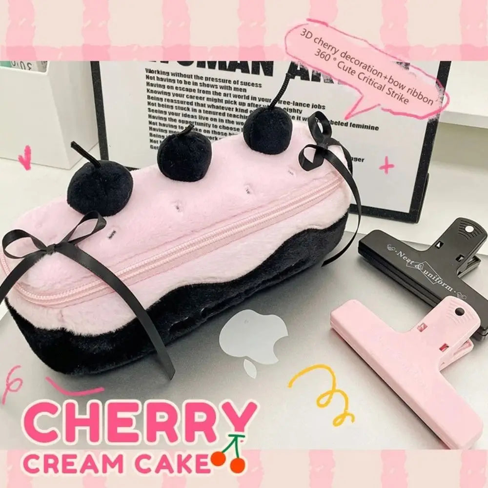 Cherry Cake Plush Pencil Case – Large Capacity Stationery Bag