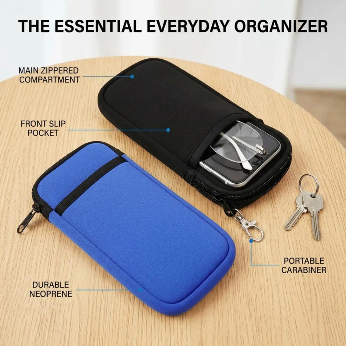 Dual Compartment Phone & Glasses Storage Bag with Carabiner