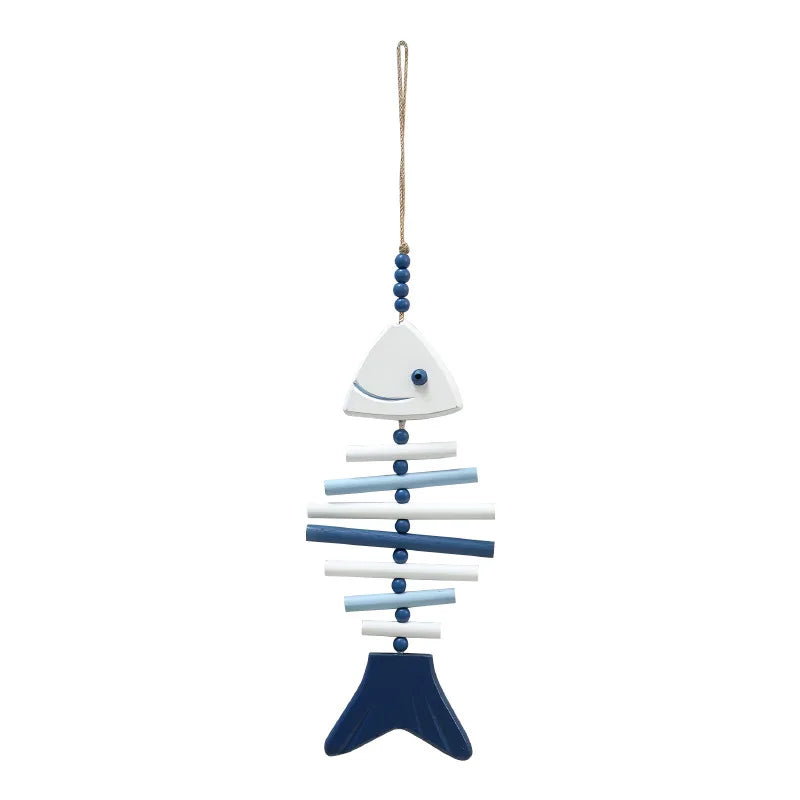Wooden Fish Bone Wall Hanging – Blue White Nautical Coastal Decor