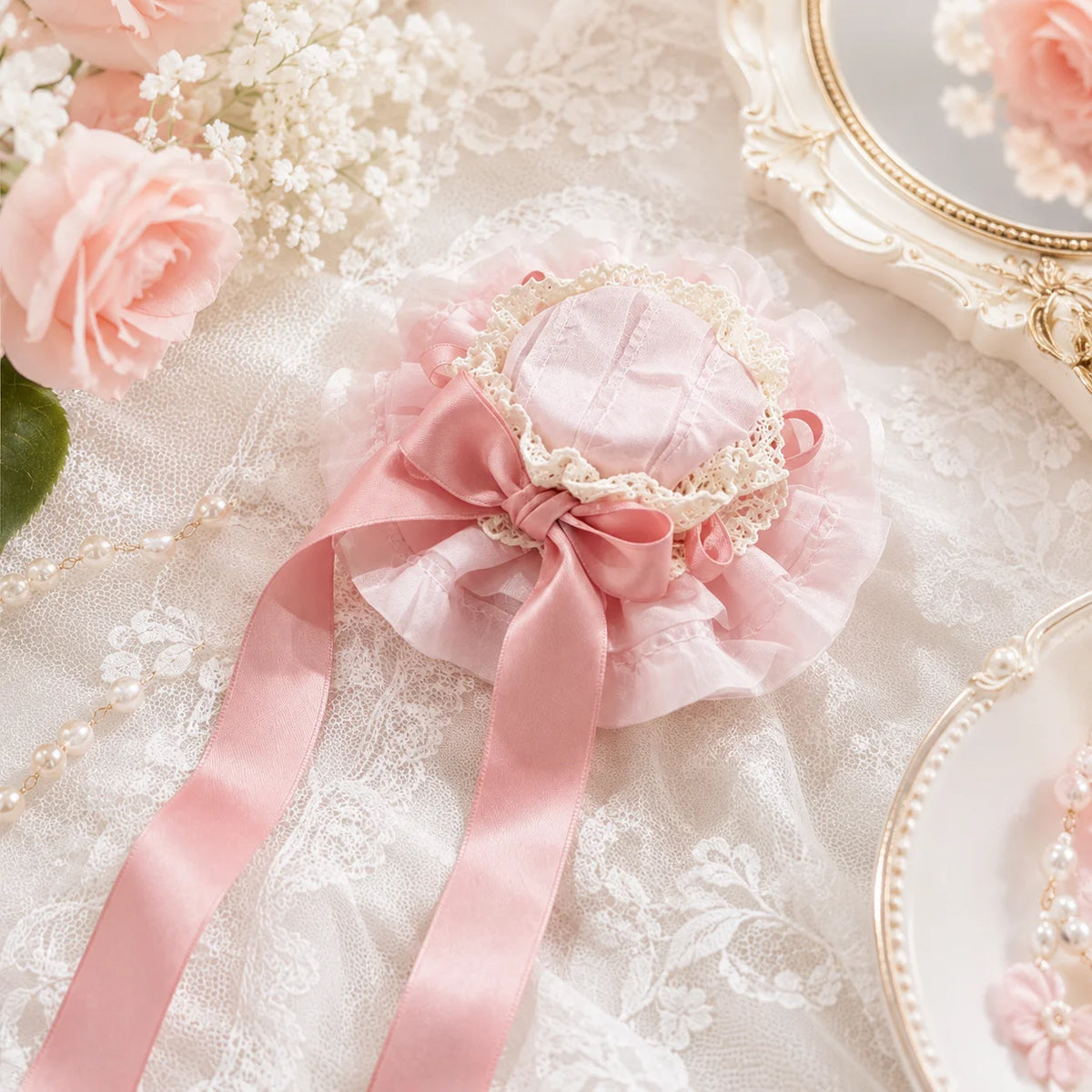 Vintage Lolita Lace Bonnet with Satin Ribbon Bow – 3 Colors