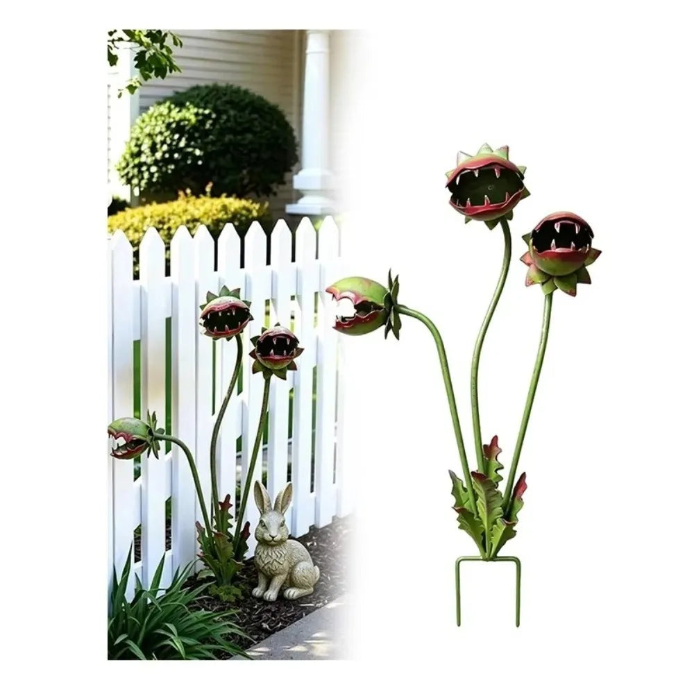 Colorful Metal Flytrap Garden Stake – 3-Head Rust-Proof Decor