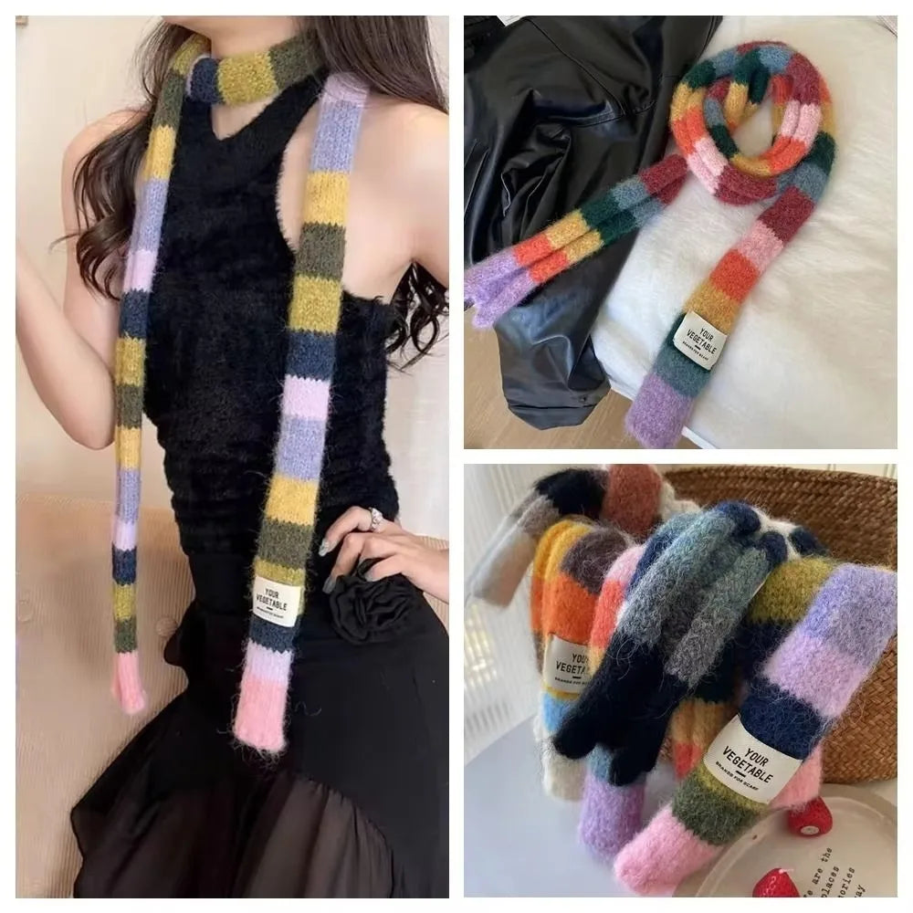 Y2K Rainbow Stripe Knitted Scarf – Slim Colorful Winter Scarf