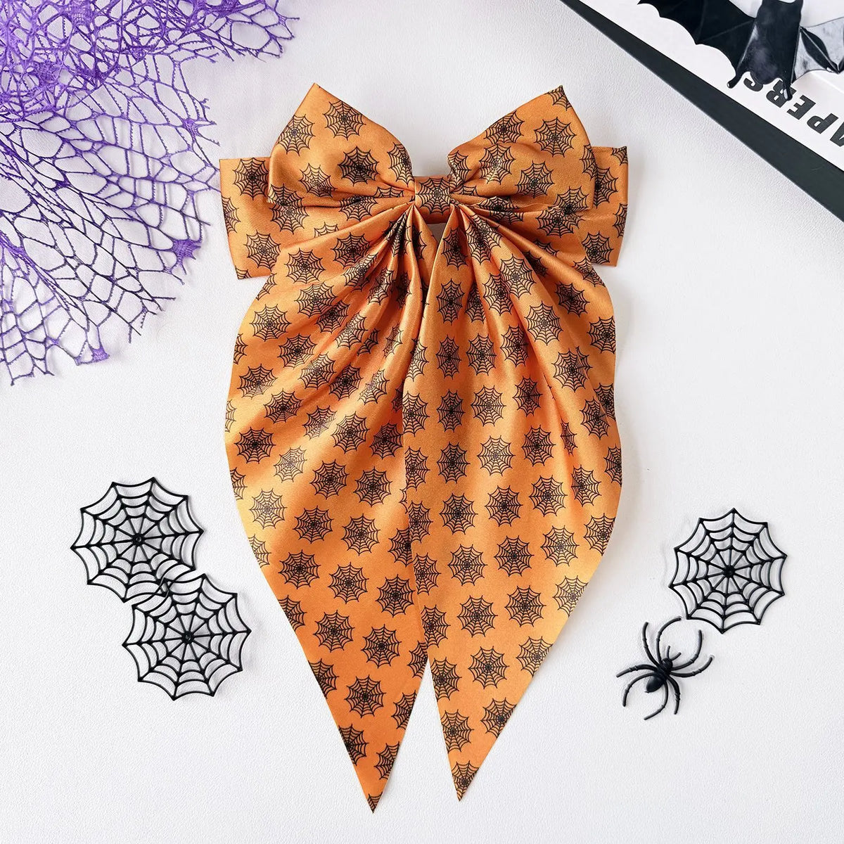 Halloween Satin Bow Hair Clip – Spider Web Pumpkin Barrette