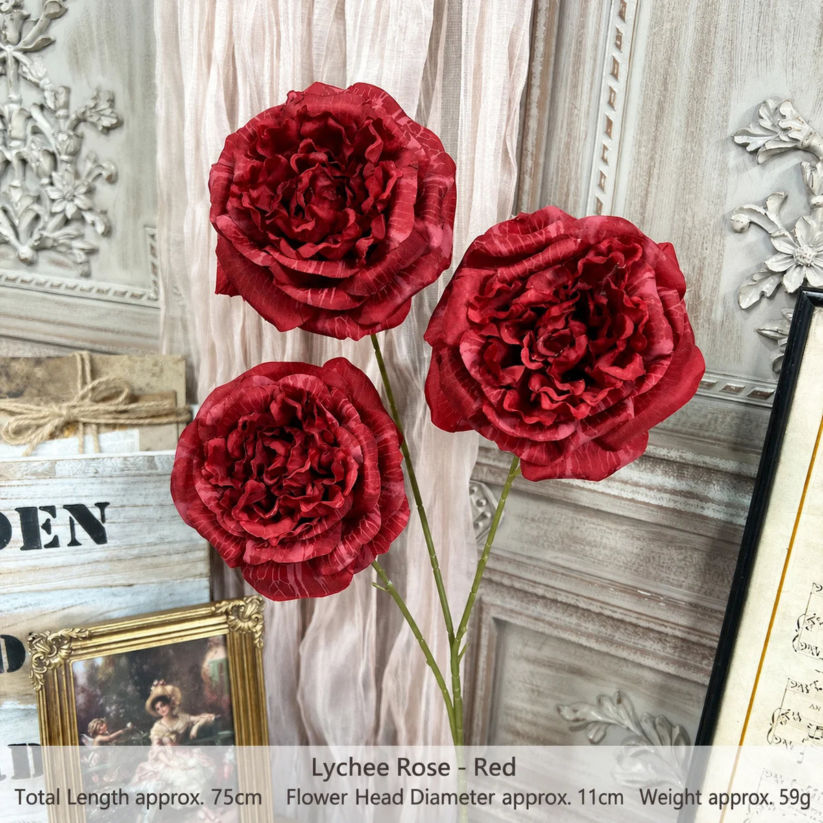 Silk Lychee Rose Artificial Flower Stem | 3 Heads, 10 Colors